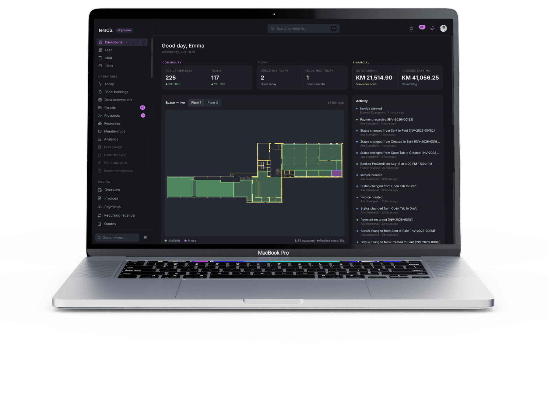 The tersOS dashboard on a MacBook — members, teams, billing and the live space map