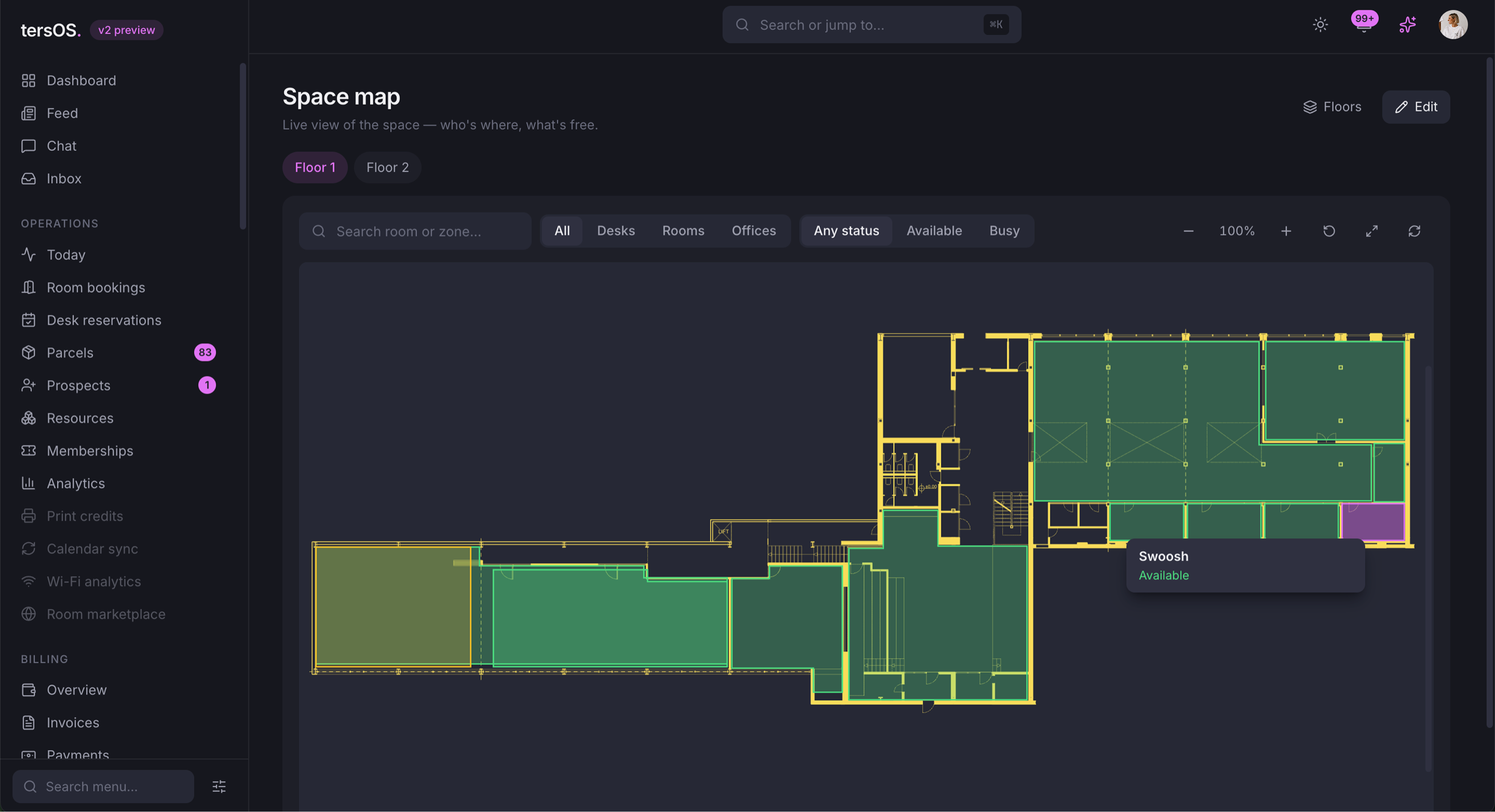The live space map in tersOS — every room and desk with its status