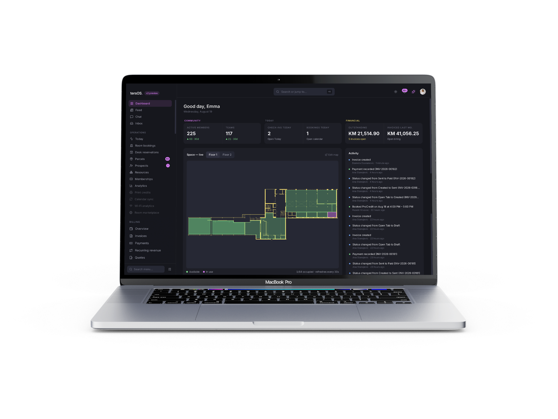 The tersOS dashboard on a MacBook — members, teams, billing and the live space map