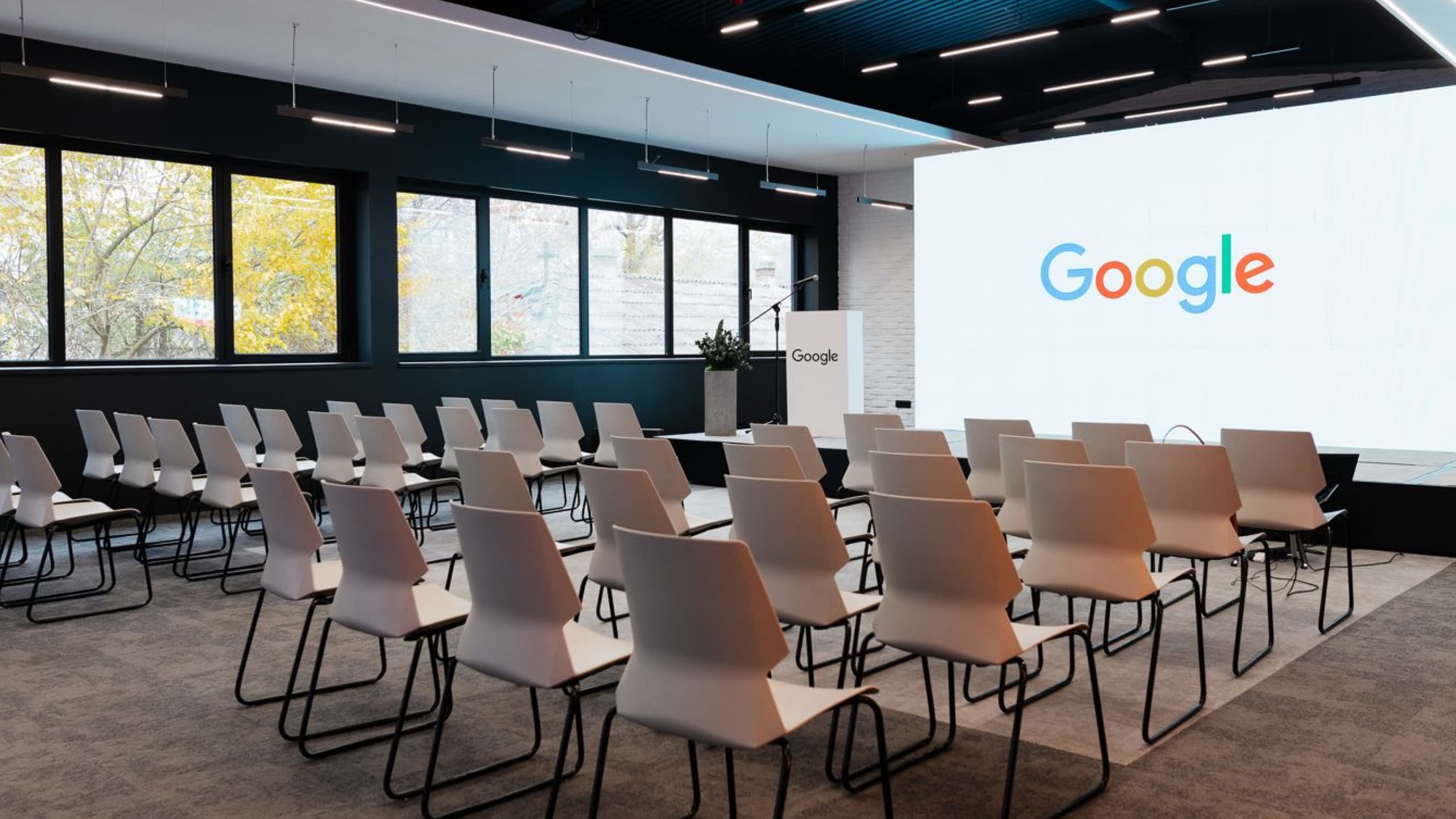 An event space set up for a corporate presentation