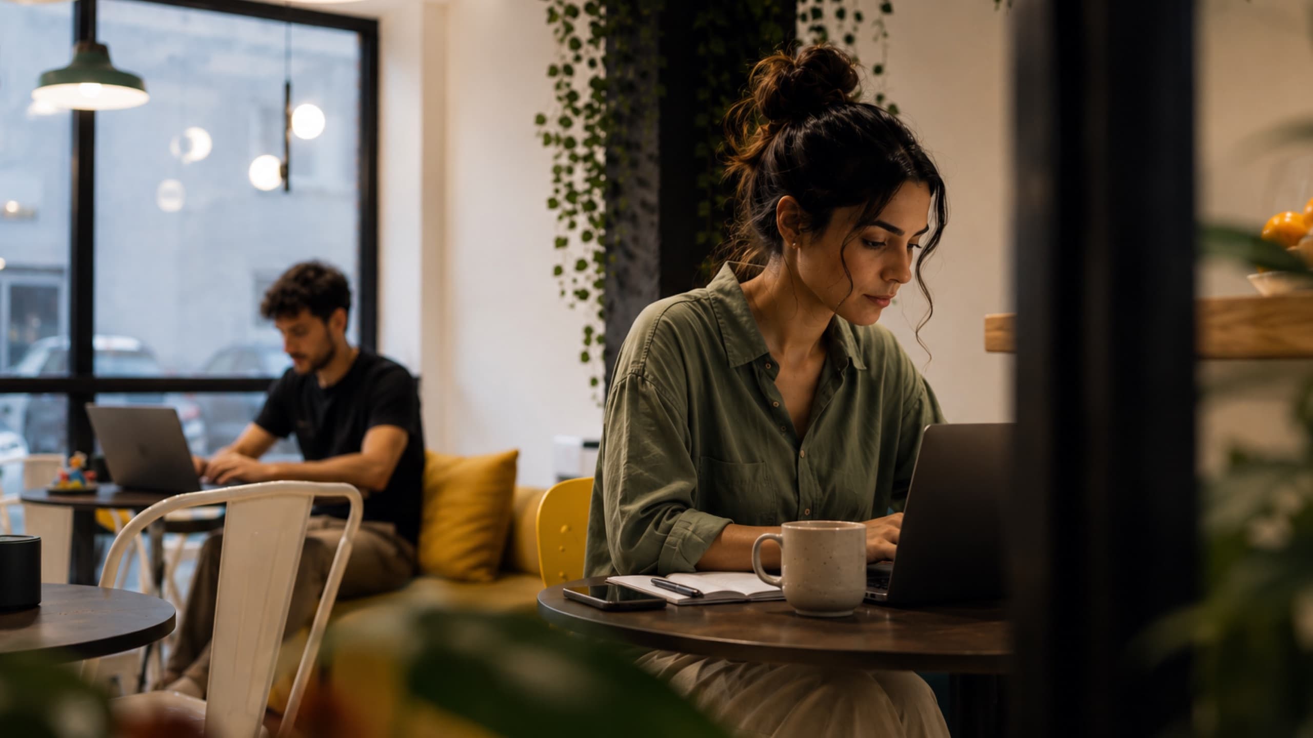 A member working from her laptop over a coffee at tershouse