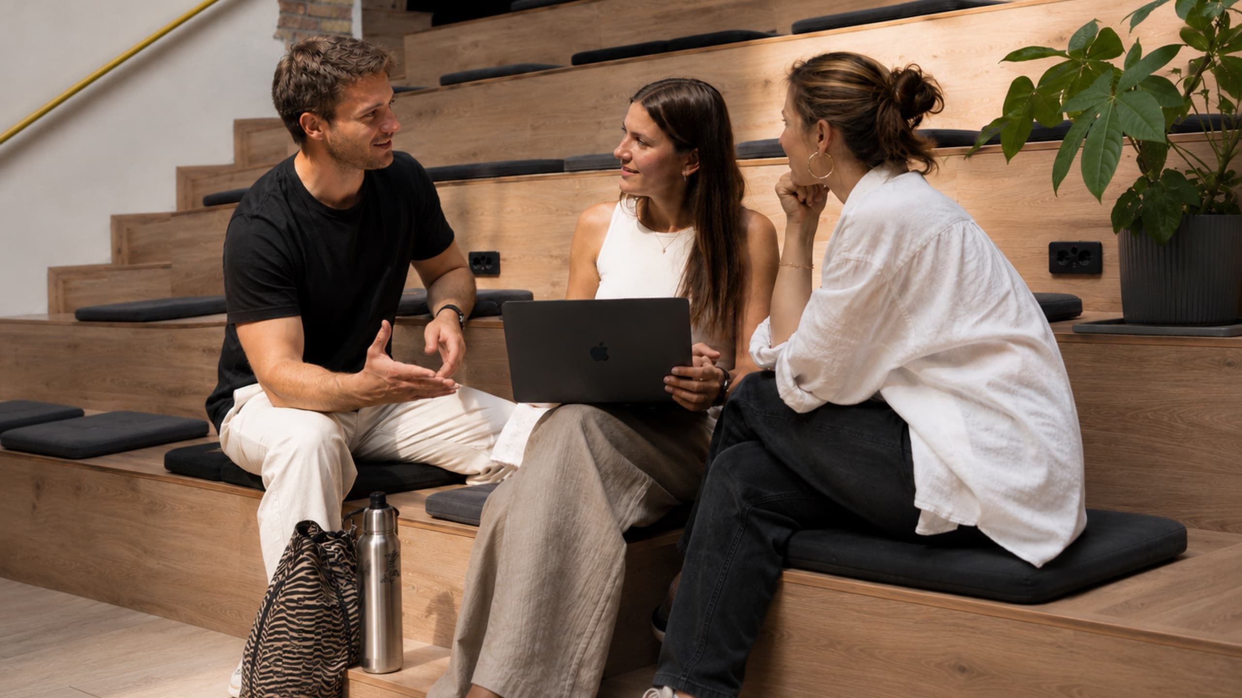 Three members talking over a laptop on the tershouse amphitheatre steps