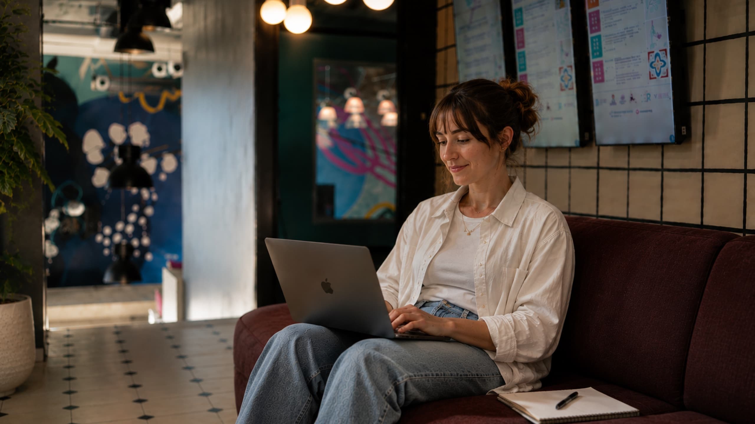 A member working from the sofa in the tershouse lounge, screens on the wall behind