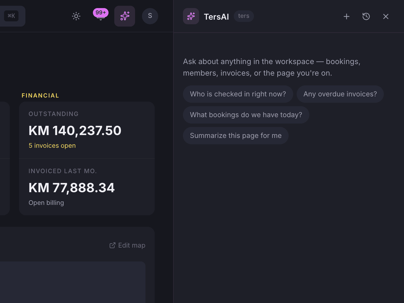 The TersAI panel docked beside the backoffice dashboard