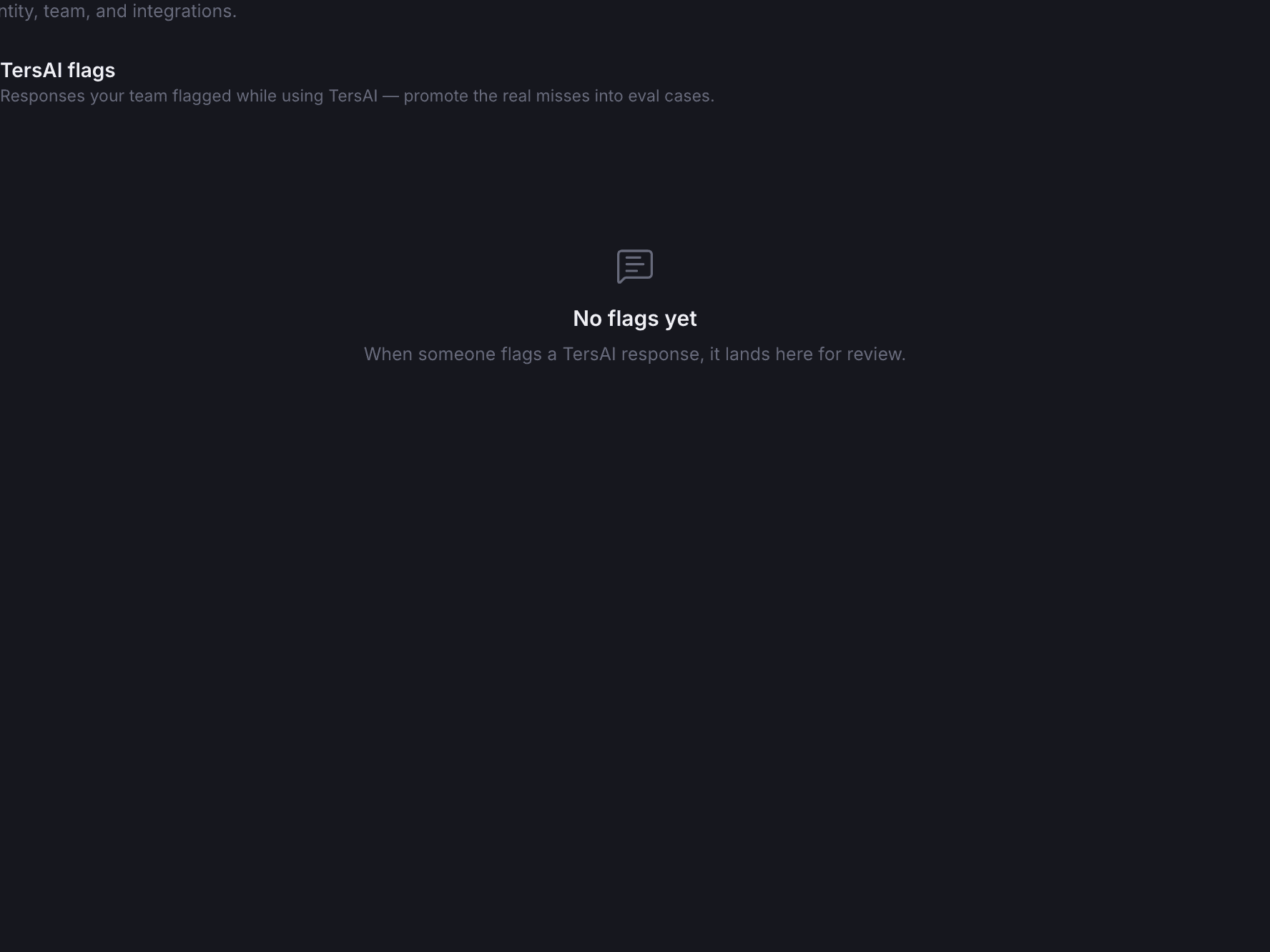 The TersAI flags page in Settings with its empty state: no flags yet