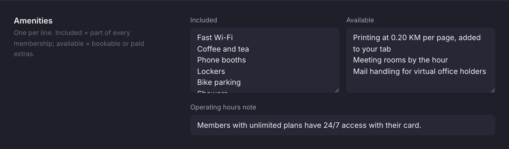 The Amenities section of the AI knowledge base settings: included and available lists and an operating-hours note