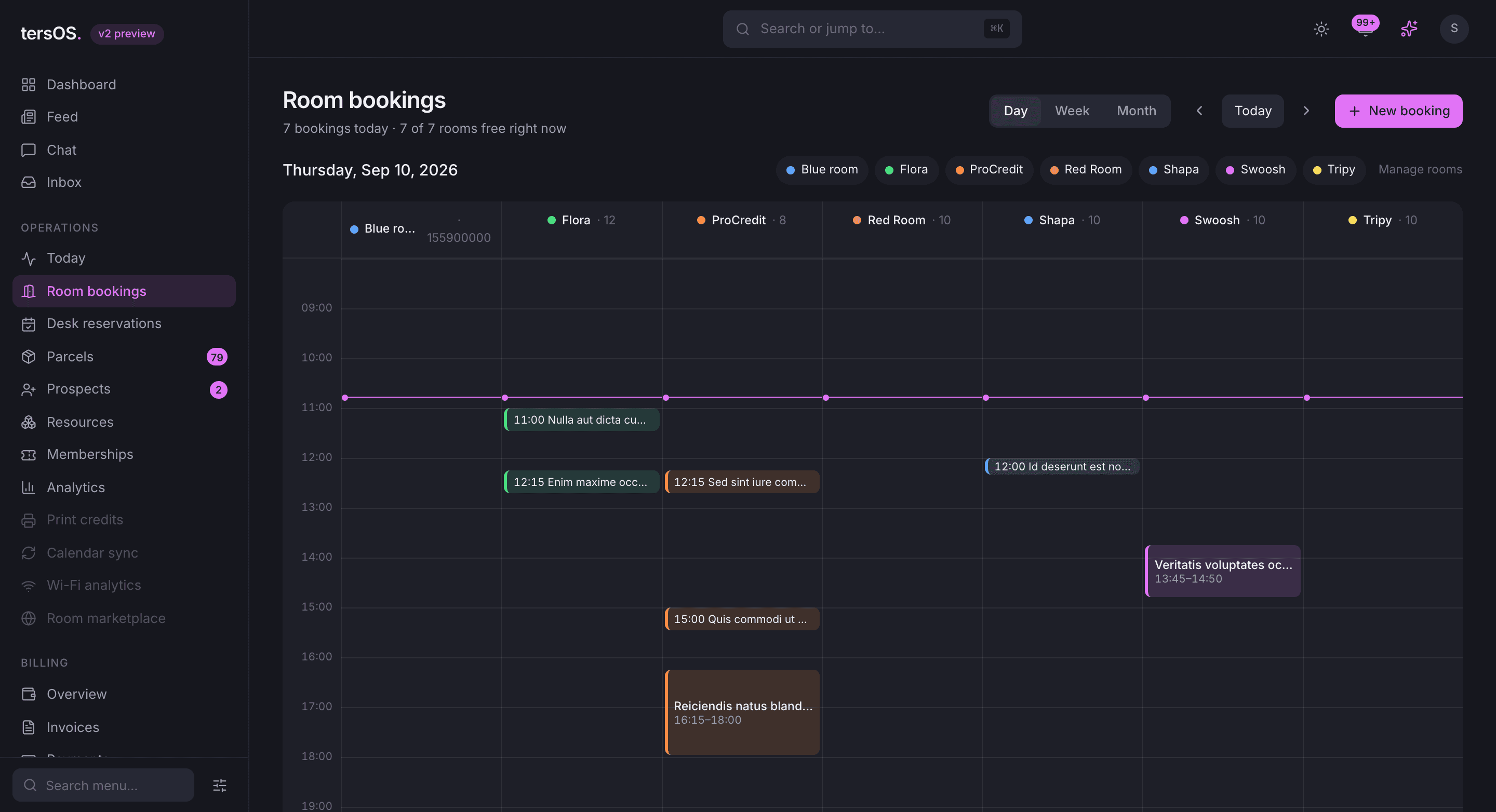 The bookings calendar in day view, every room across one day