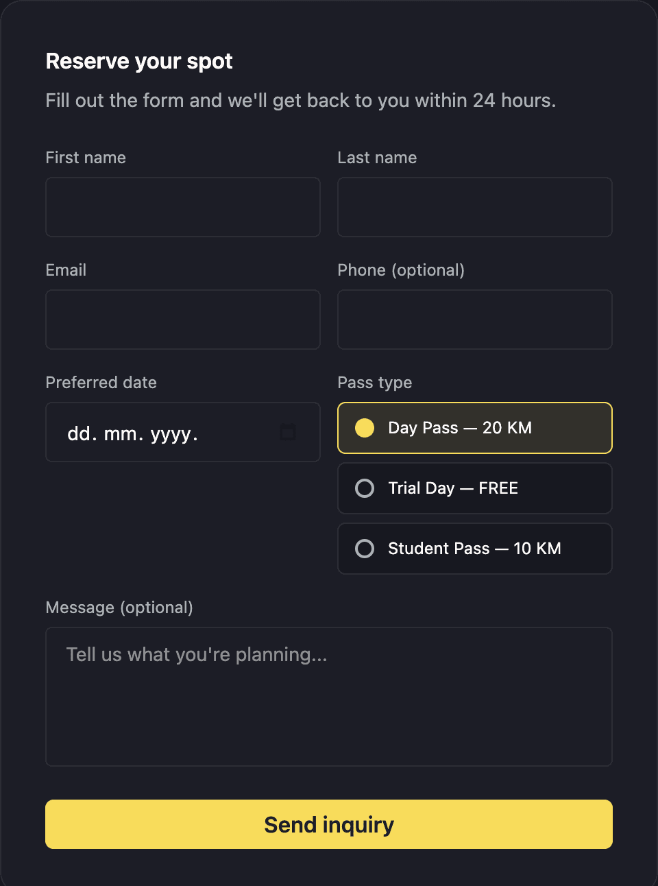 The day-pass request form on the public hub