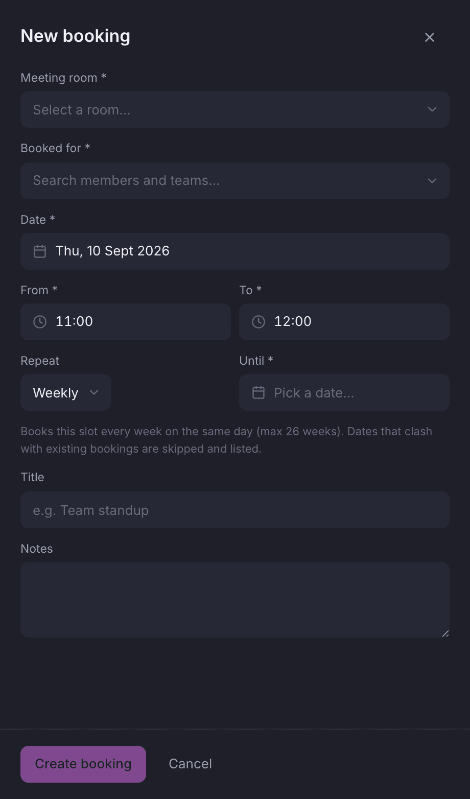 The new booking panel with the repeat control set to weekly