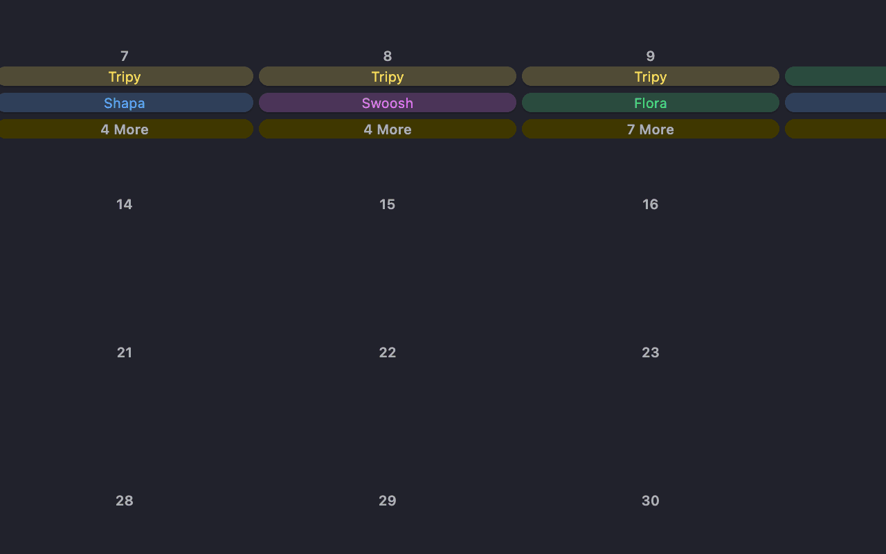 The month calendar in the member app with bookings by room