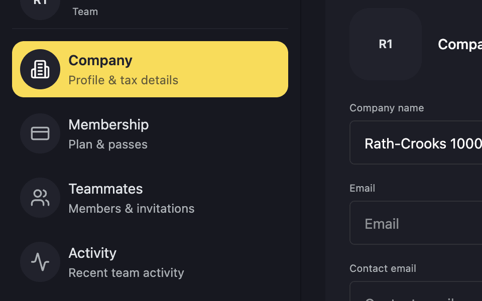 The member’s team page in the app