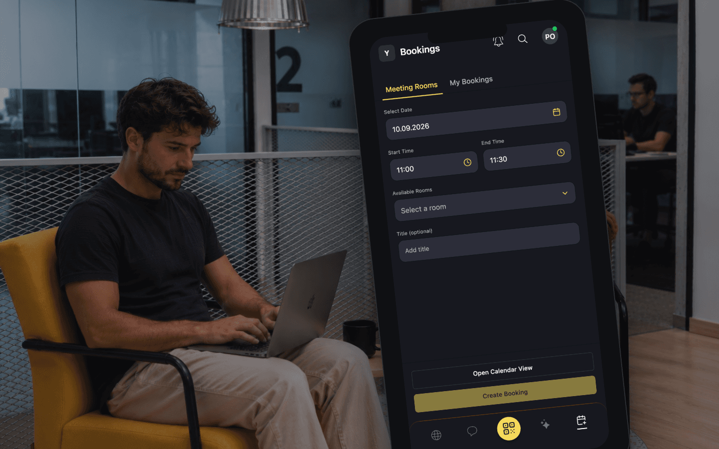 A phone in the lounge showing the member app booking screen