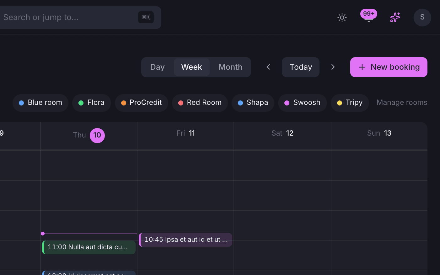 The room list above the calendar grid