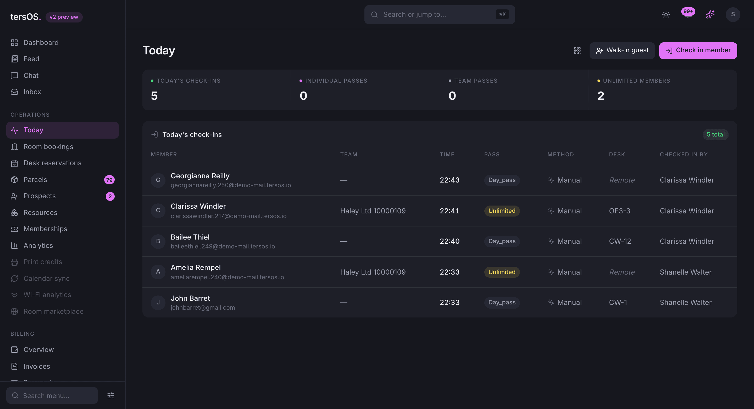 The Today screen in the backoffice with arrivals, check-ins and desks