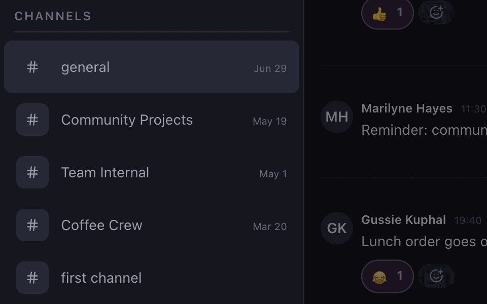 The channel list in the backoffice chat beside the start of the conversation