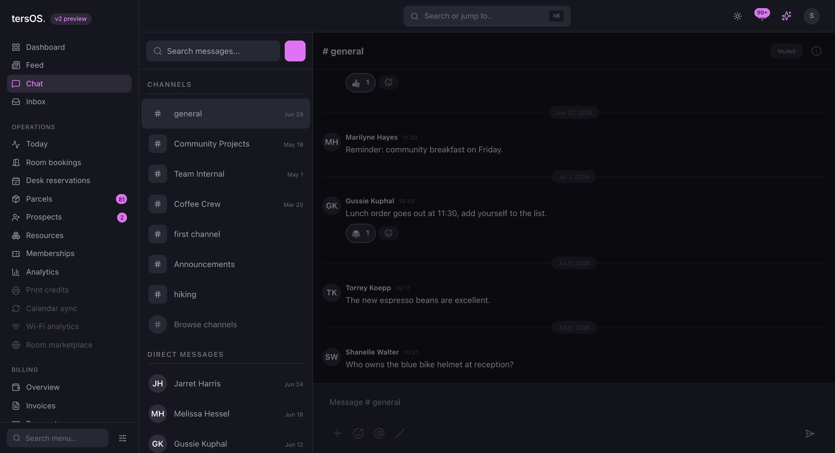 The general channel in the backoffice chat: channels and direct messages listed on the left, messages with reactions and the composer on the right
