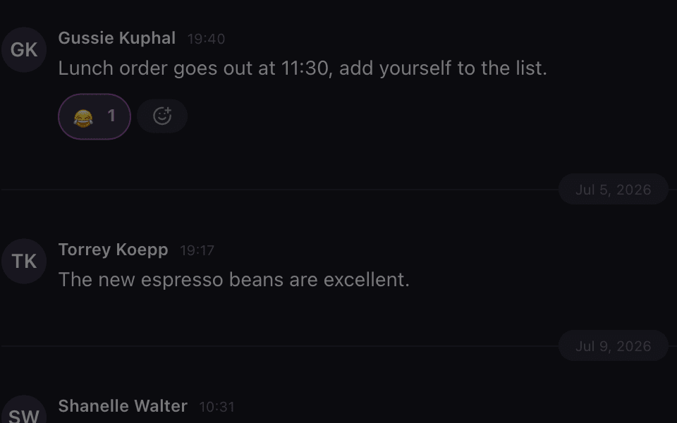 Messages in the general channel with an emoji reaction chip under one of them