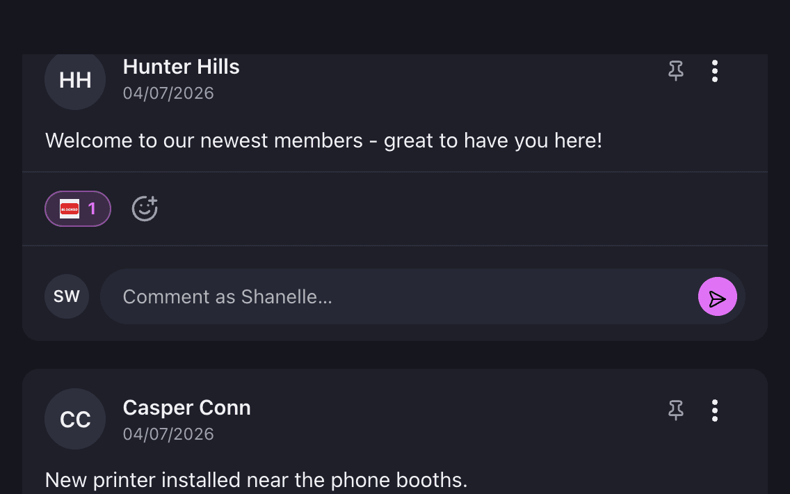 A post in the backoffice feed reacted to with a custom workspace emoji, with the comment box below it