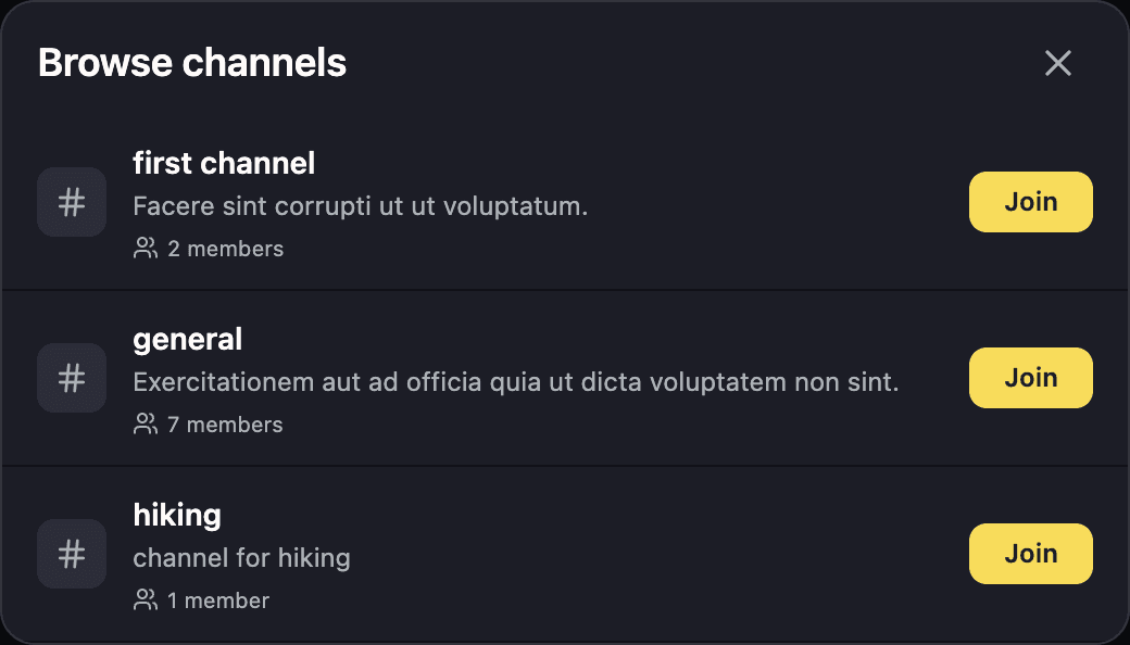 The browse channels dialog in the member app listing public channels with a Join button on each