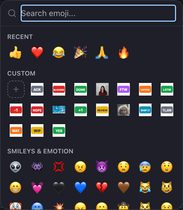 The emoji picker opened from the feed composer, with recent, custom and smileys sections