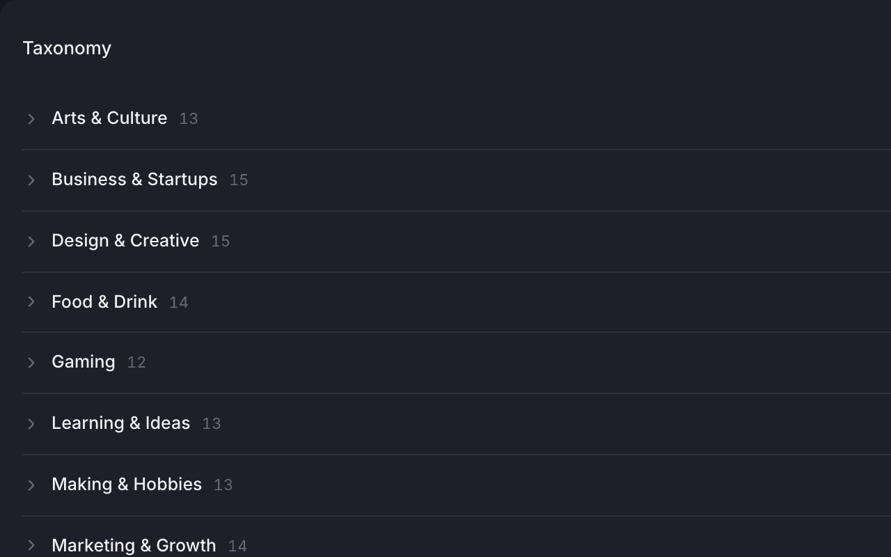 The interests taxonomy in the backoffice moderation hub, categories with a count each