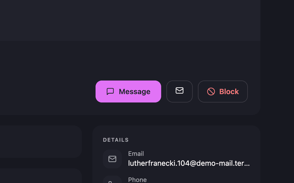 The Message, email and Block buttons on a member profile, with the details card below