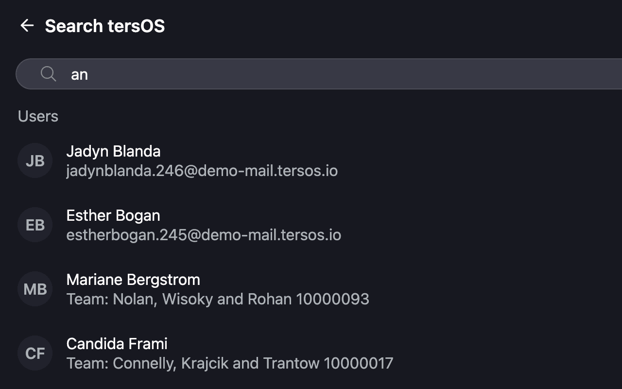 Search results in the member app listing members for a two-letter query
