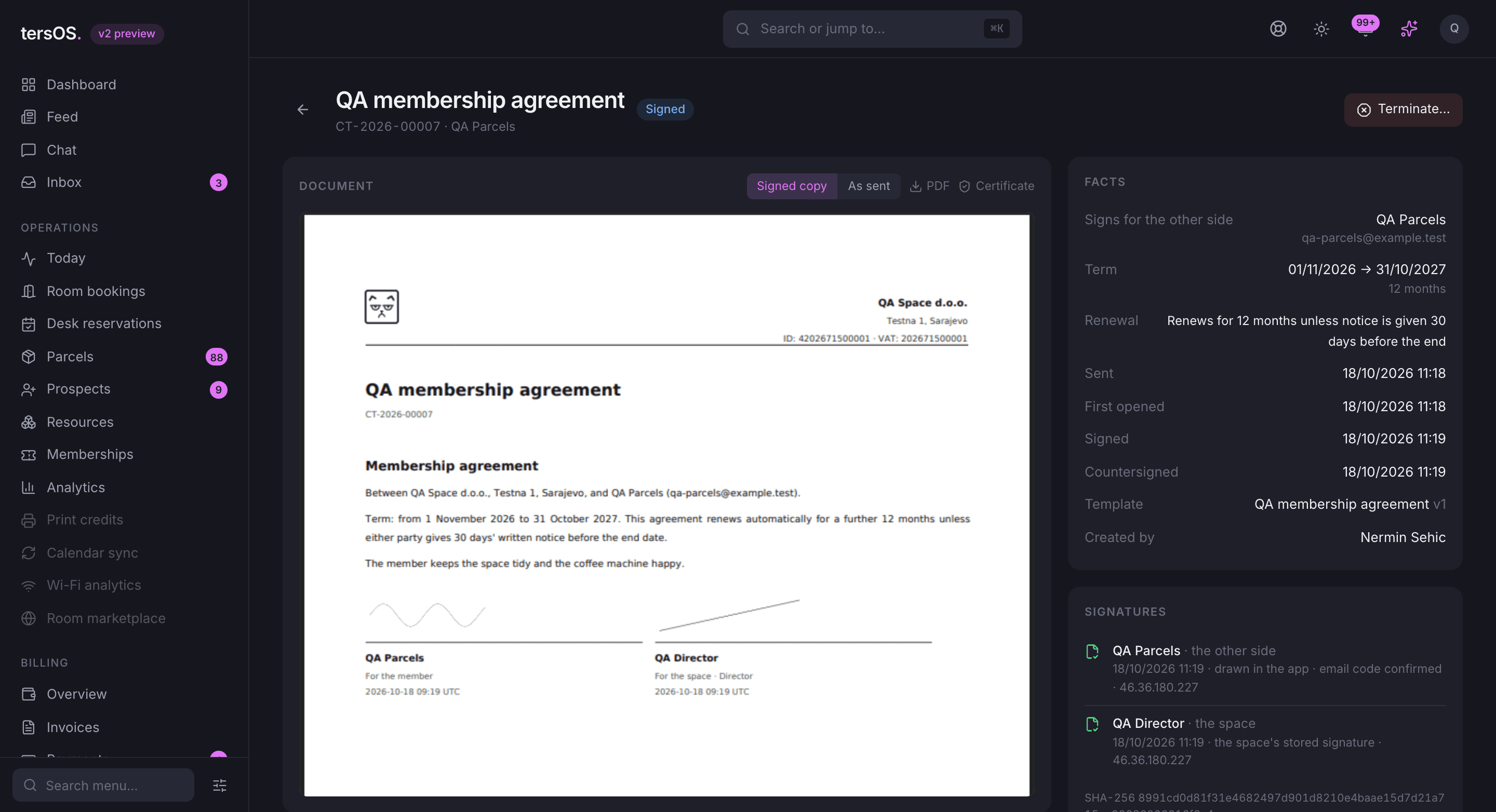 A signed contract in the backoffice: the document, the facts, both signatures and the timeline