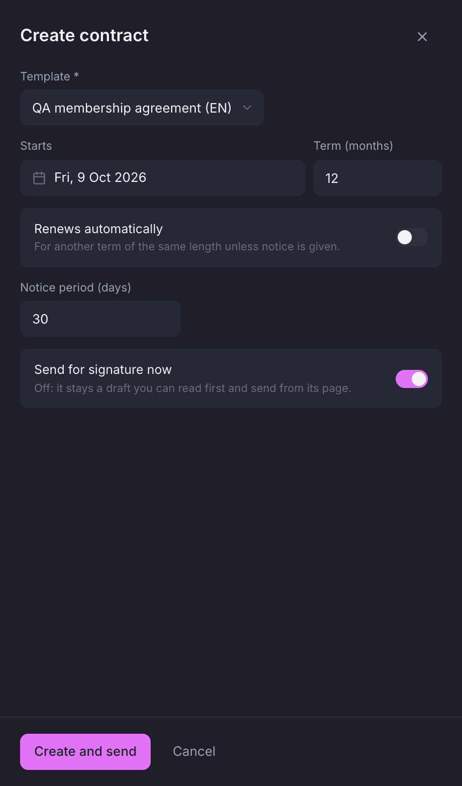 The Create contract panel on an agreement page: template, start, term, renewal, notice and send