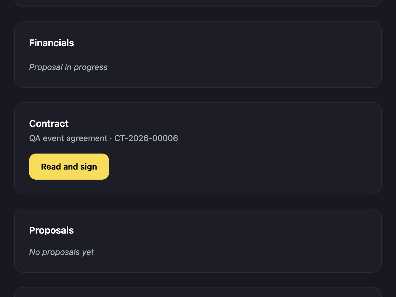 The contract block in the event client portal with the Read and sign button