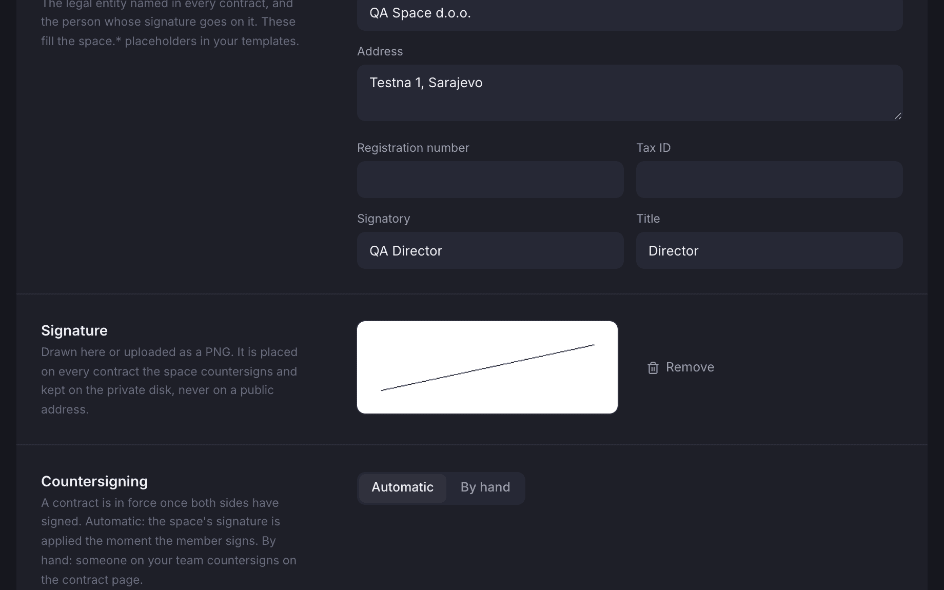 The signature section in Settings → Contracts with the stored signature image