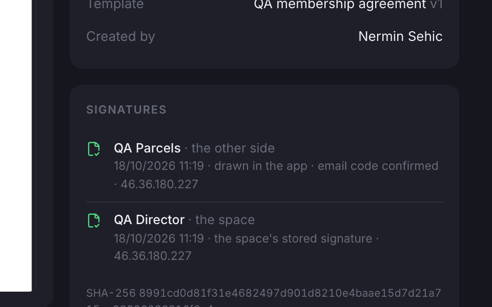 The signatures card on a contract page: the member’s drawn signature and the space’s stored signature