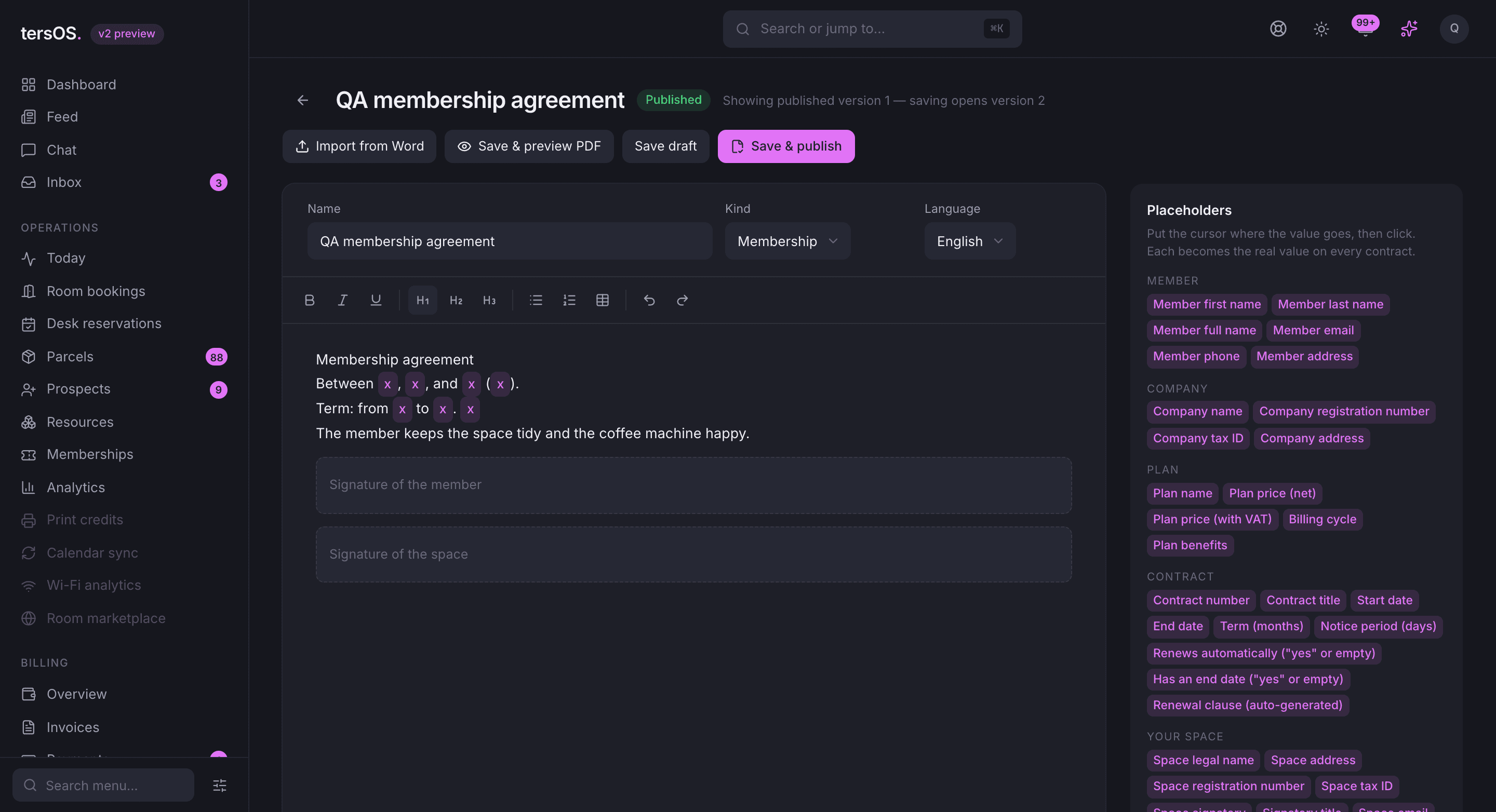 The template editor in the backoffice with placeholder chips in the text and the placeholder panel on the right