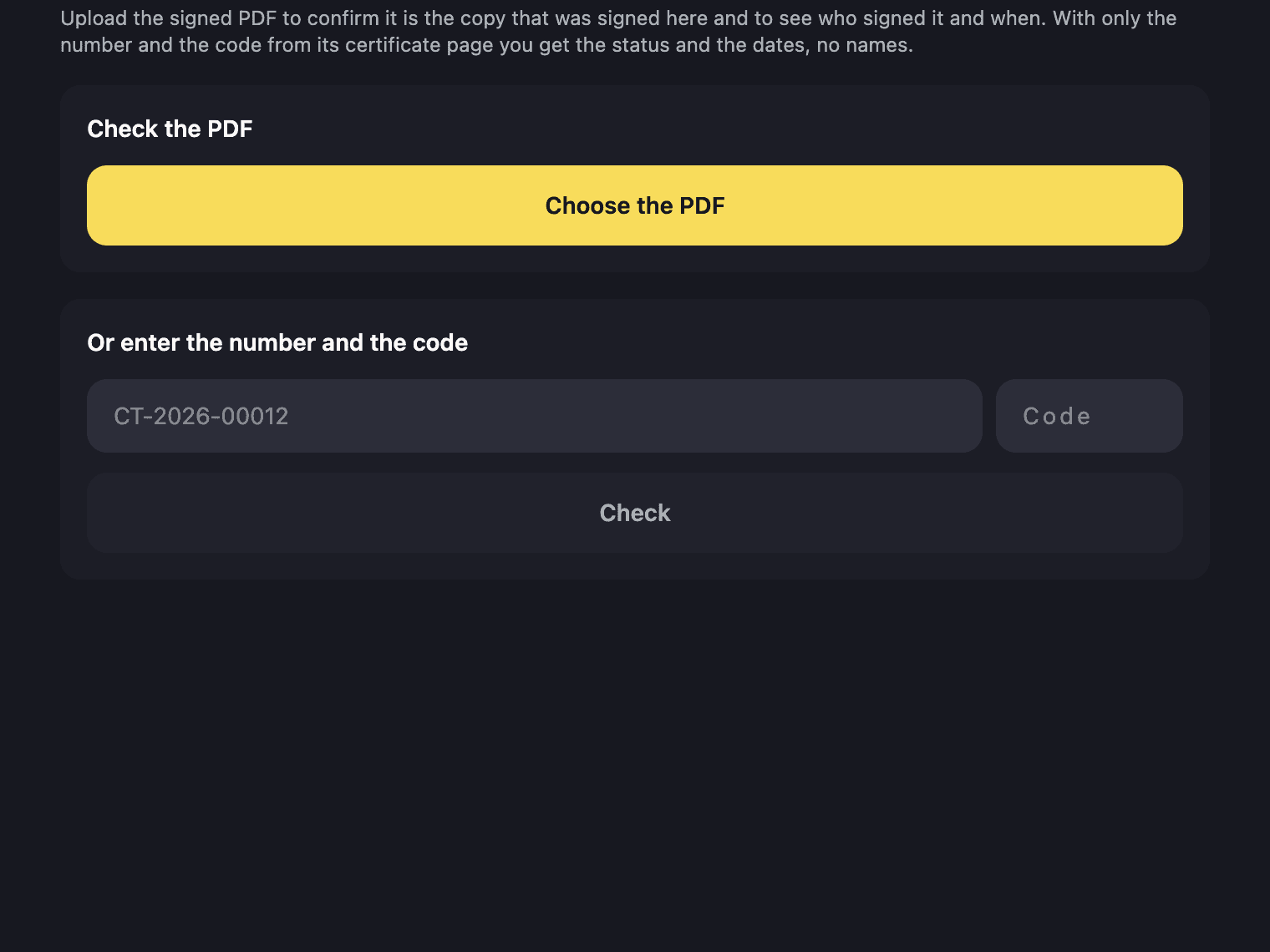 The public verification page with the PDF upload and the number and code form