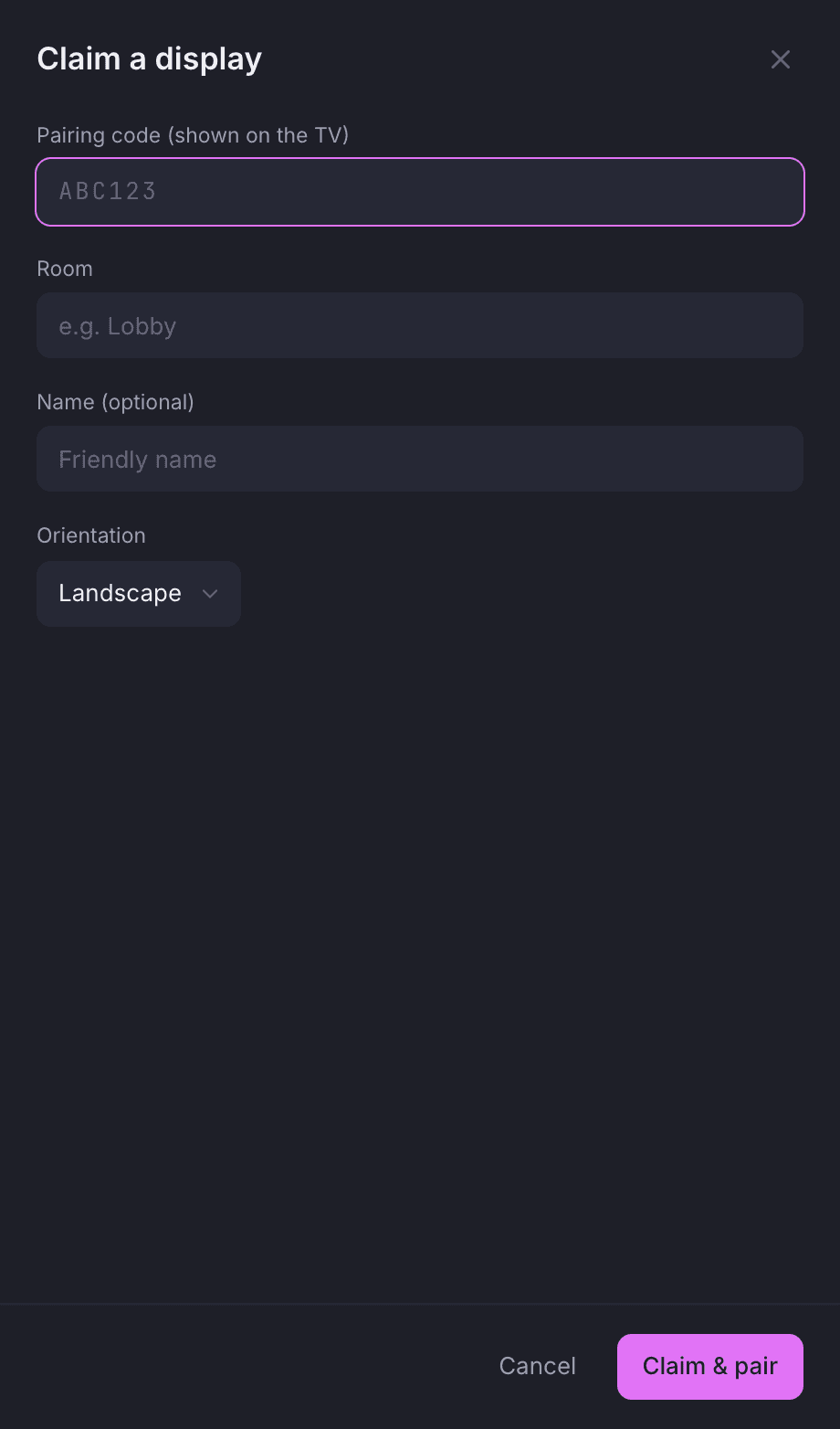 The Claim a display panel with fields for pairing code, room, name and orientation