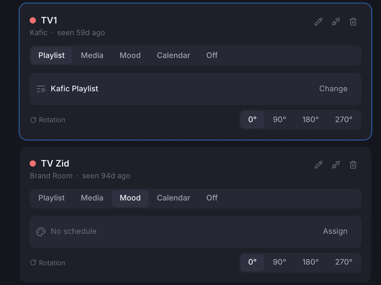 Two screen cards on the Displays screen with the mode switch: playlist, media, mood, calendar, off