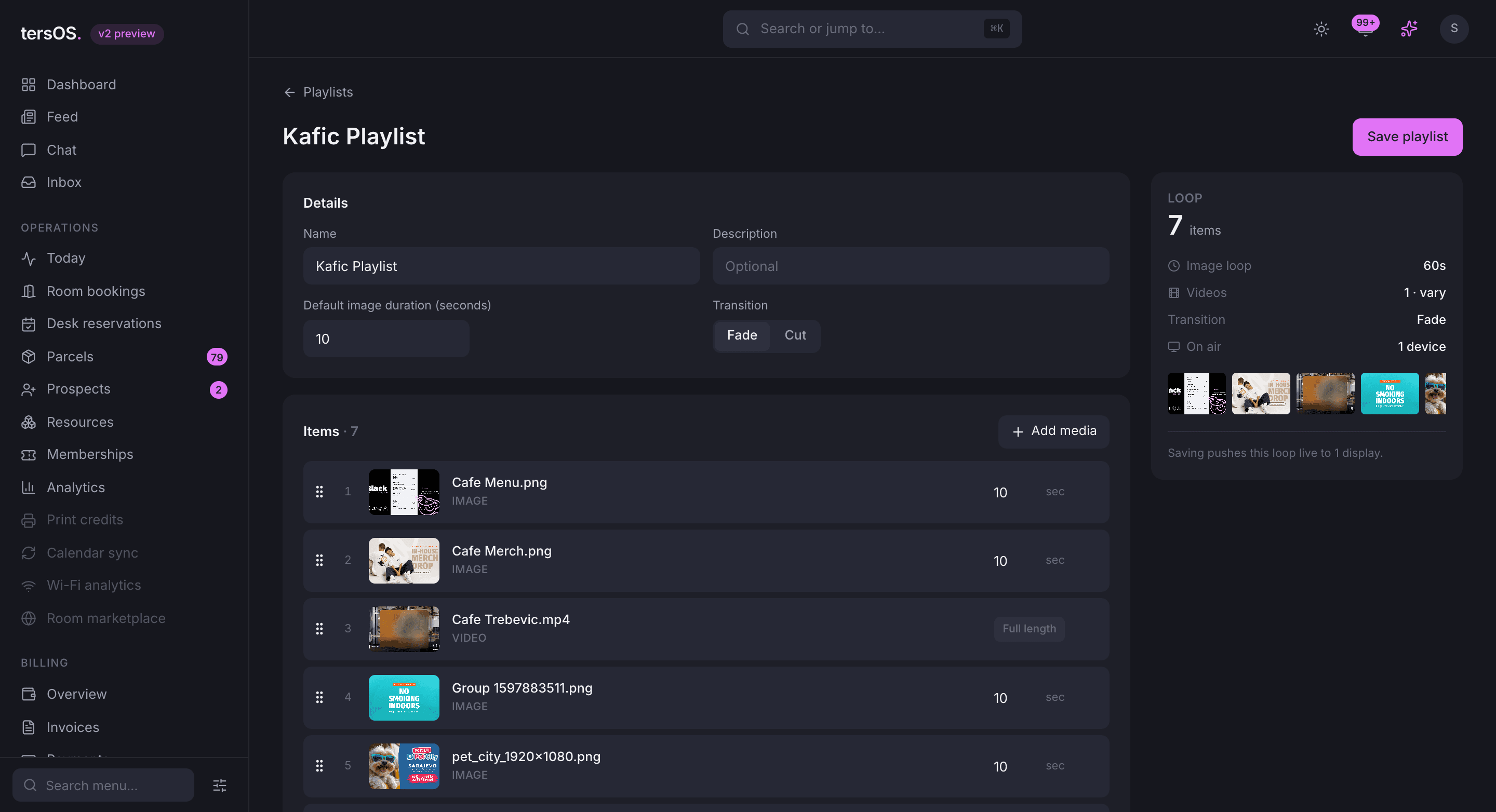 The playlist editor for Kafic Playlist: details, seven items with their durations, and the loop summary