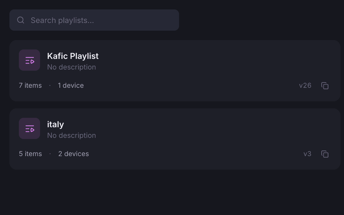 Two playlist cards with item count, device count, version and a duplicate button