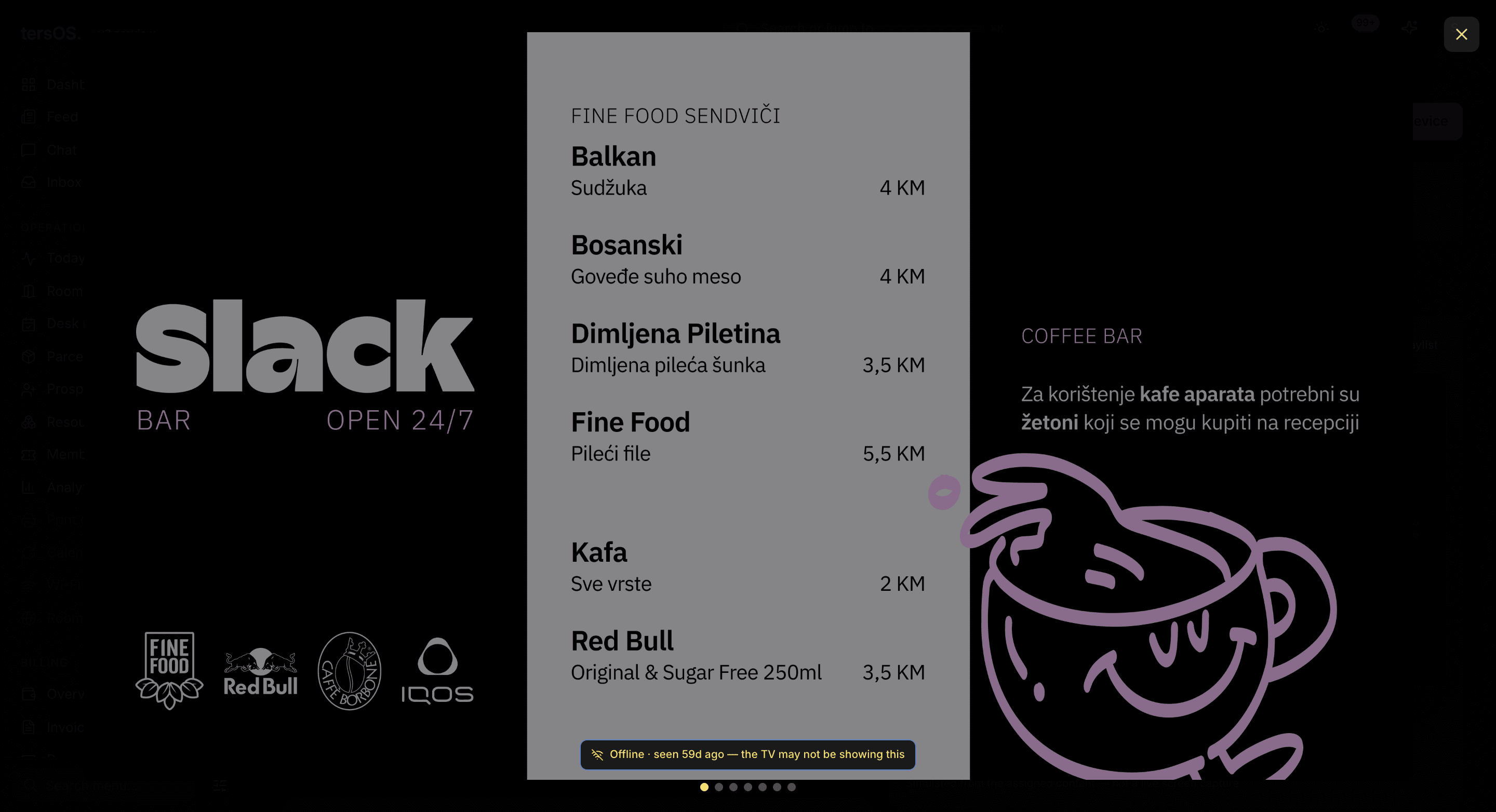 The expanded preview of TV1 in the backoffice, playing a slide of the Kafic playlist full-screen with an offline notice