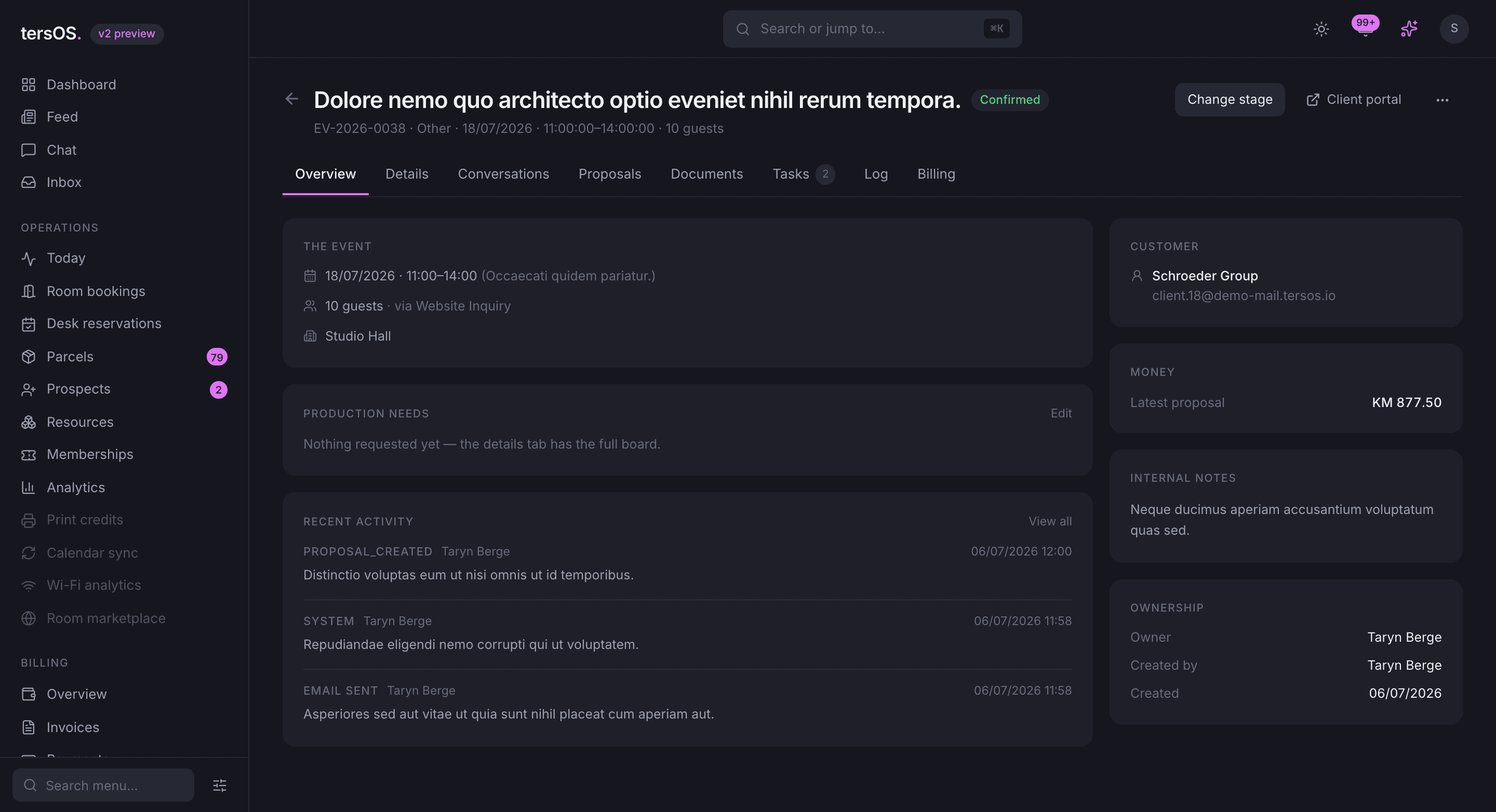 An event case overview with recent activity