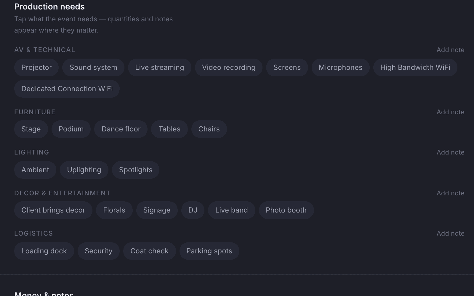 The production needs section of an event case