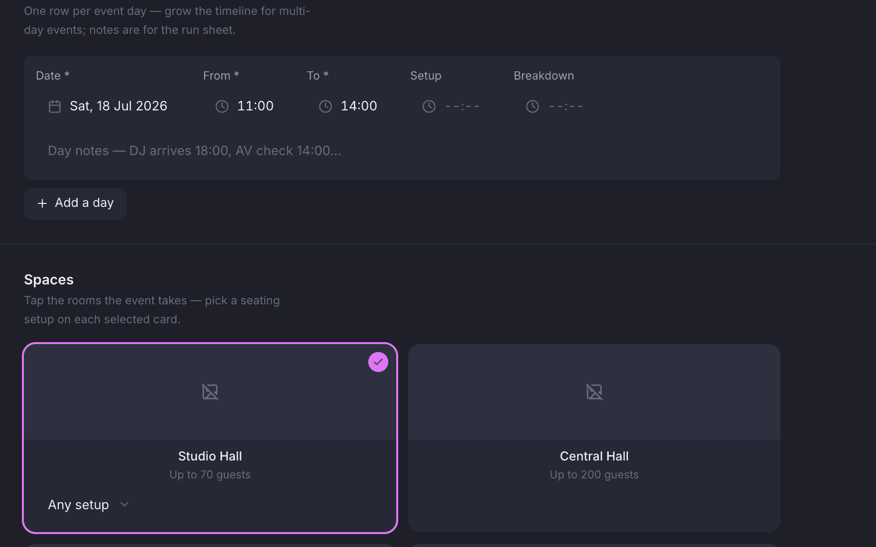 The schedule section of an event case