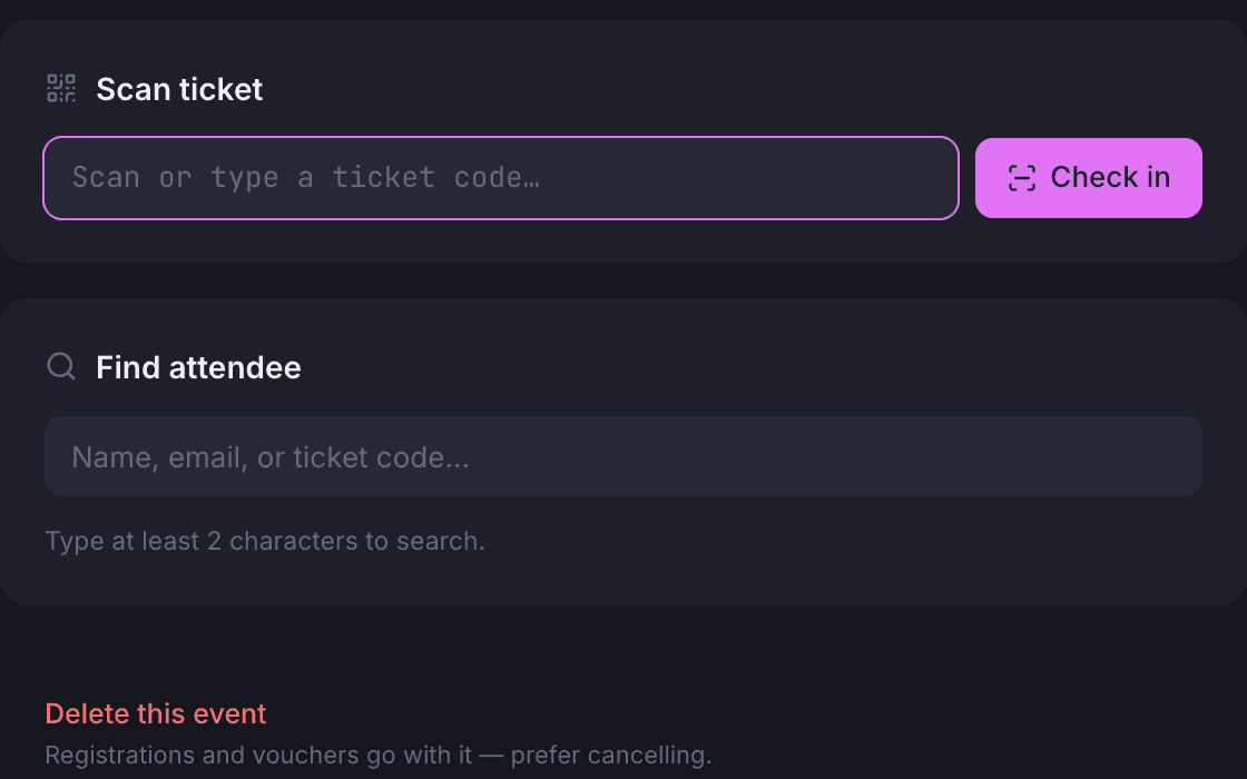 The check-in tab of a community event