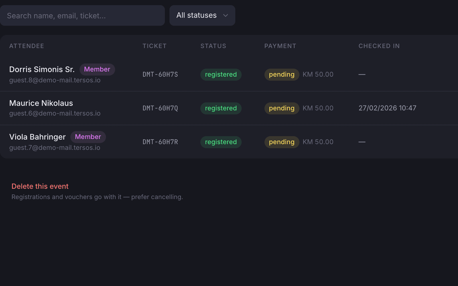 The registrations tab of a community event
