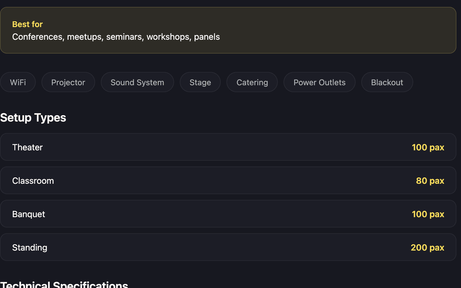 Setup types on a public venue page
