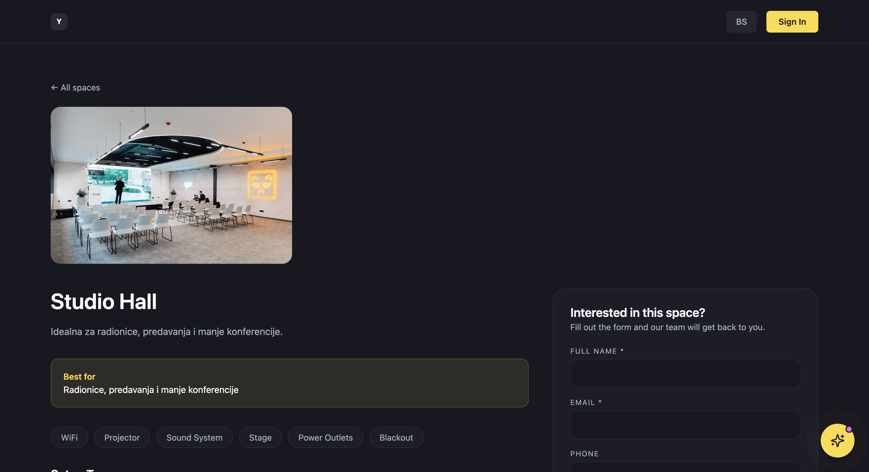 A venue page on the public hub with an inquiry form