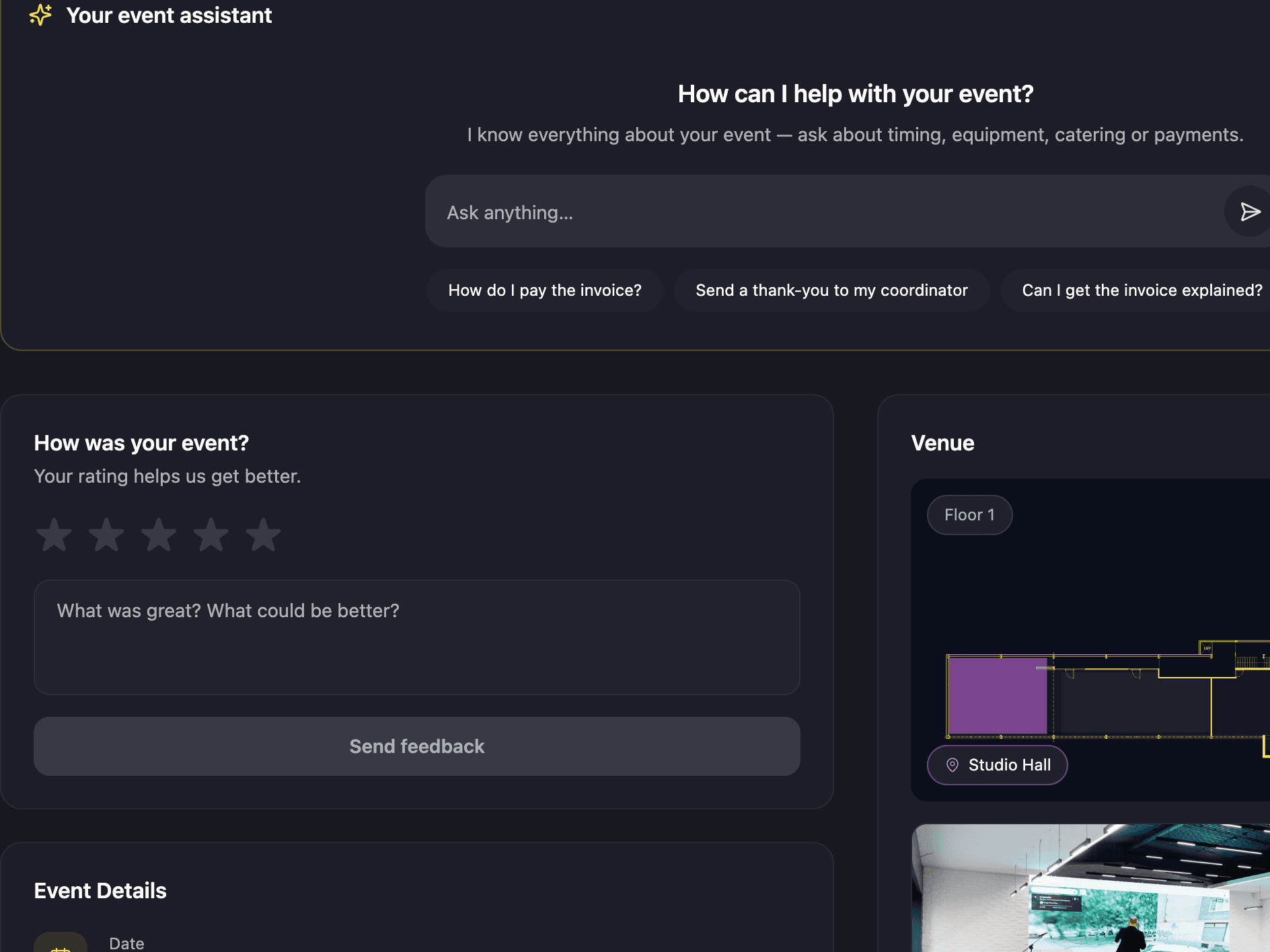 The event assistant panel in the client portal