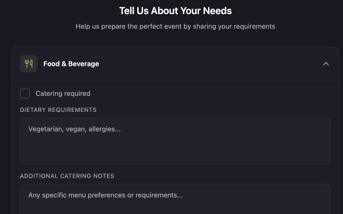 The requirements section of the client portal in edit mode