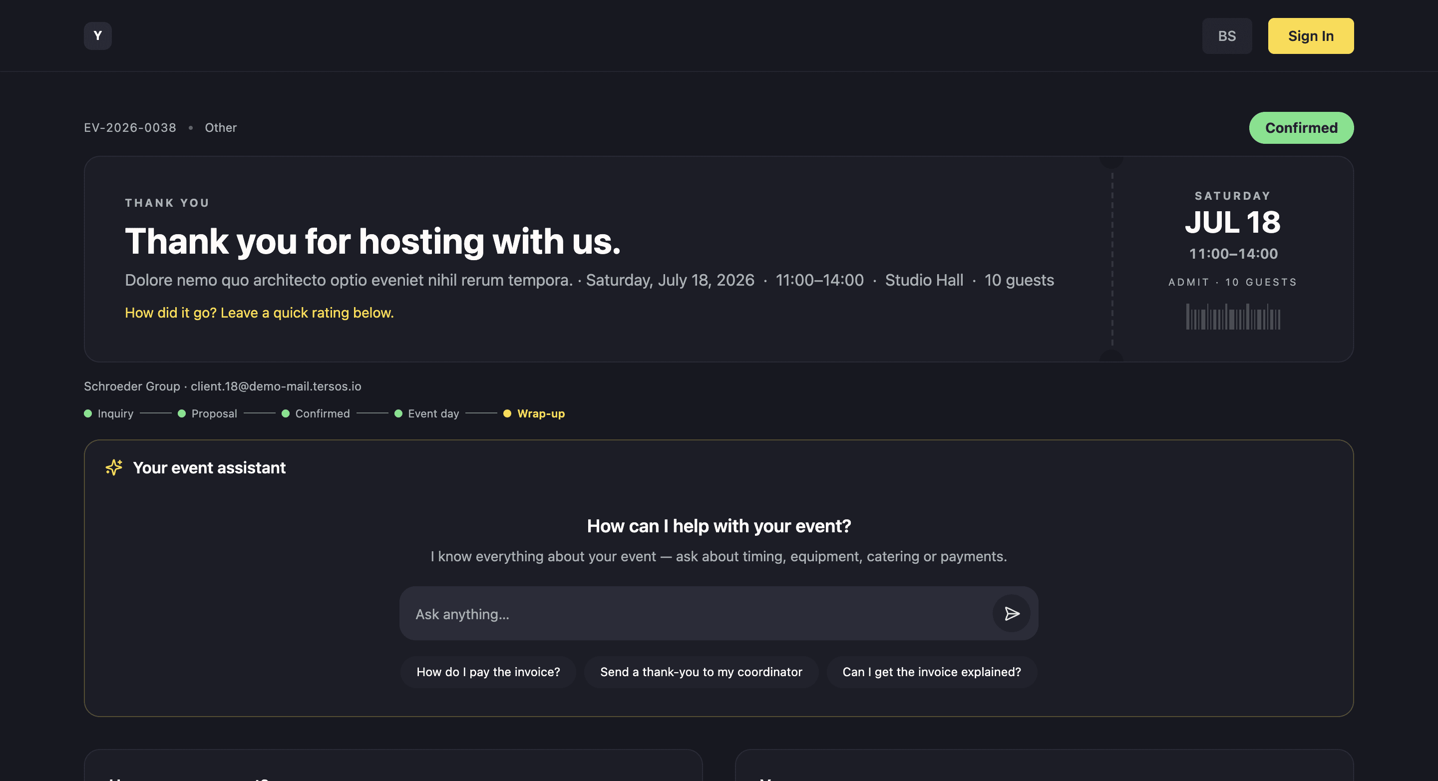 The client portal for an event case, opened from its link