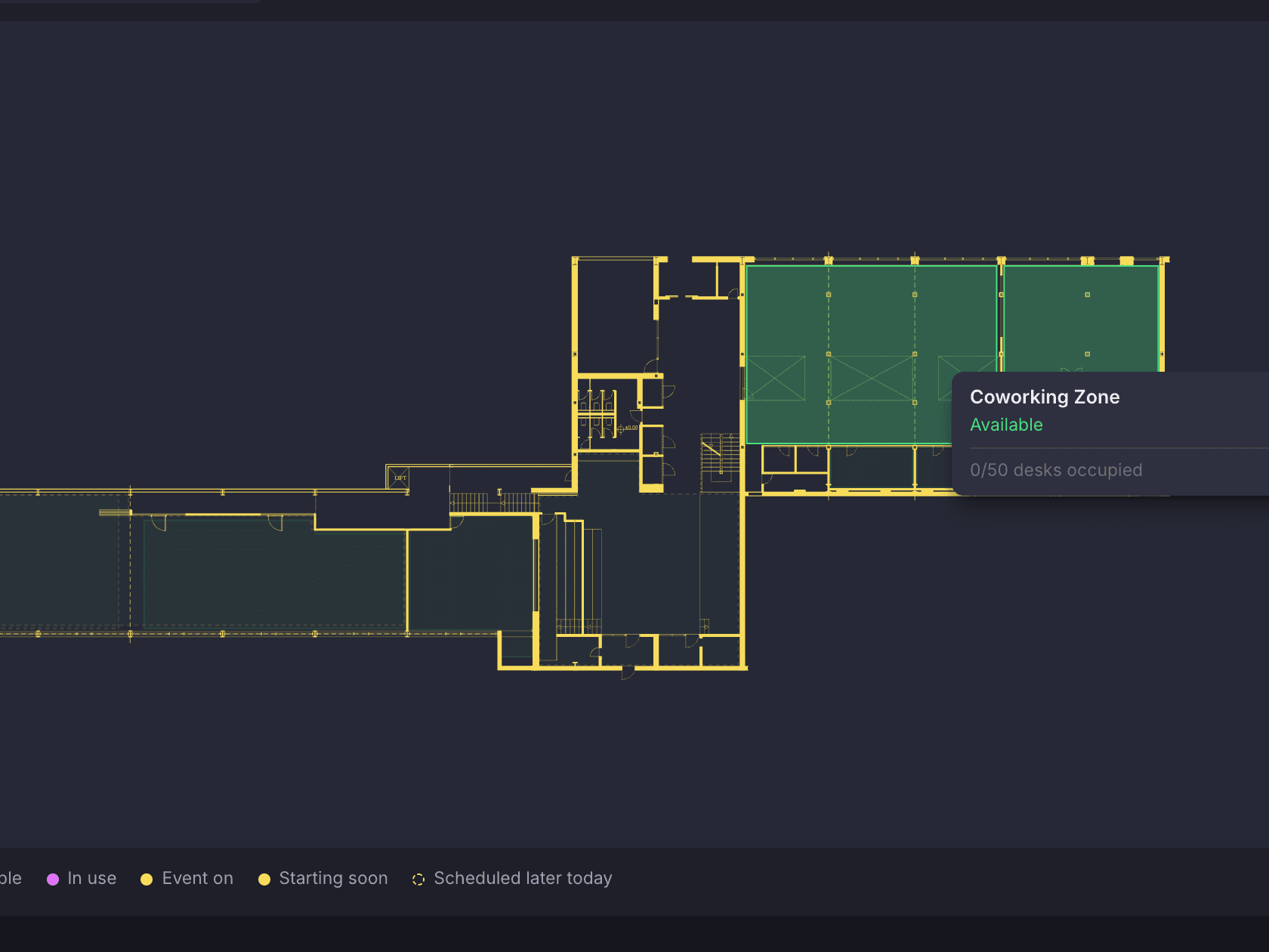 The Space map filtered to desks, with Coworking Zone under the pointer and its hover card showing status and how many desks are occupied